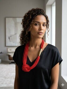 Red Multi Strand Beaded Necklace Gold Tone Statement Piece